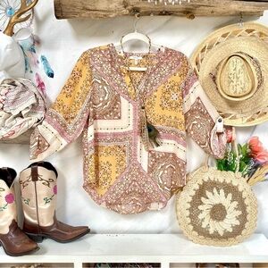 Bohemian Paisley Print boho Blouse w southwestern prairie vibe